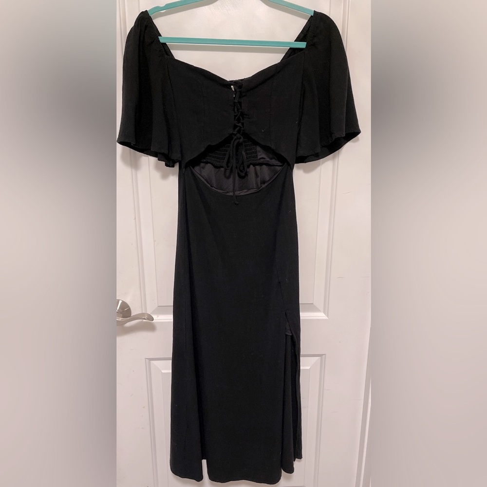 L.I.A. Love Is All Black Midi Dress Lace Up Cut Out Front Whimsigoth Slit Small